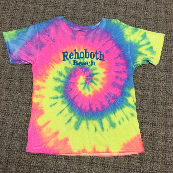 Gildan Tie Dye Neon Embroidered Rehoboth Beach Short Sleeve Tee Girls L NWOT - Picture 1 of 6